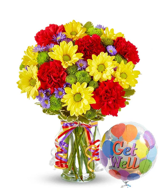 Jardín floral festivo con globo de "Que te mejores pronto"