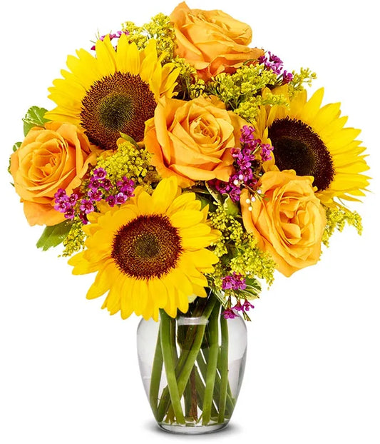 Ramo de Rosas y Girasoles de Otoño con Toques Rosados