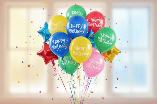 Custom Balloon Bouquet featuring colorful birthday balloons with confetti backdrop.